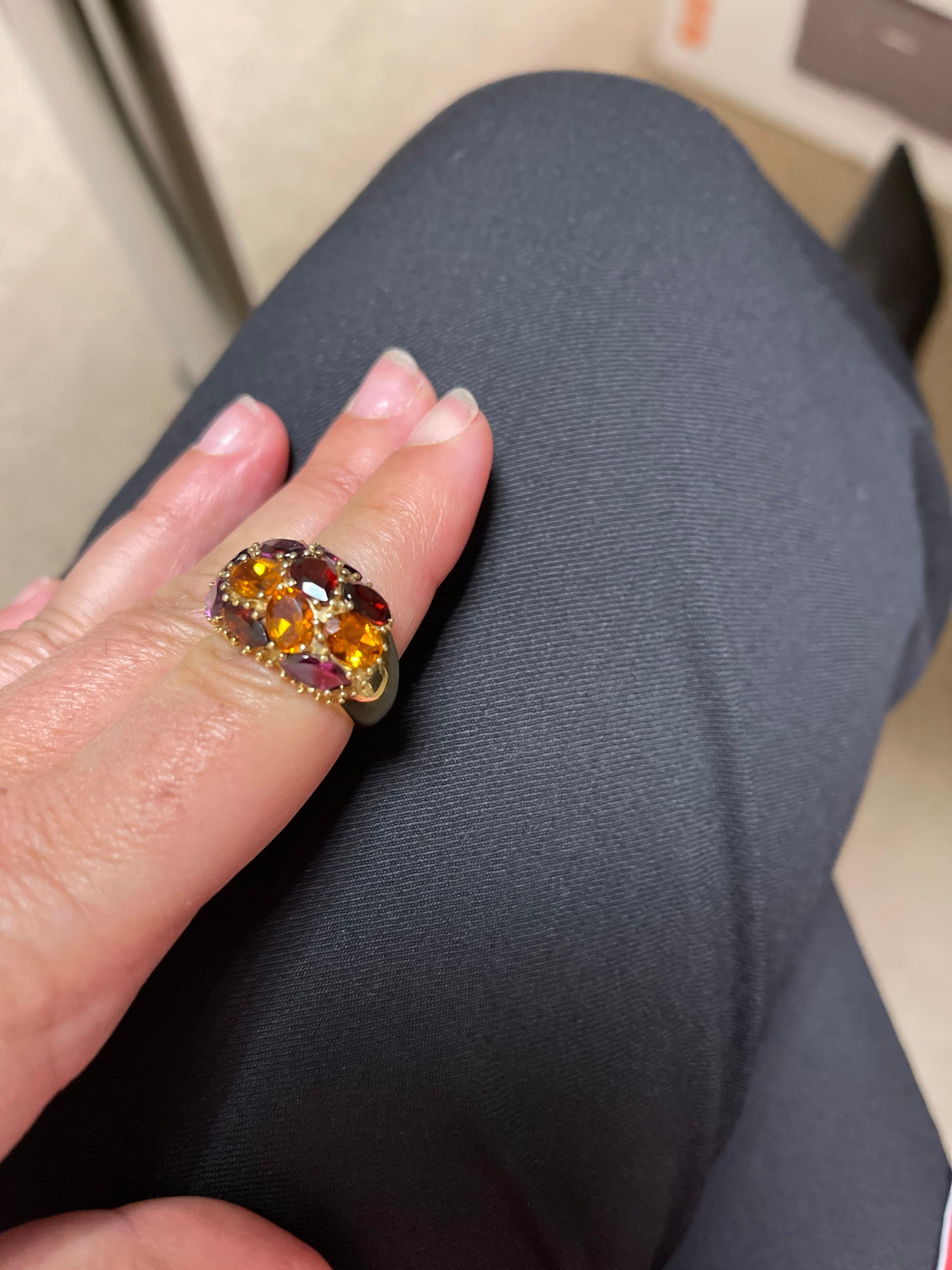 Bague Dome Grenats Citrines Rhodolithe Yellow Gold 18 Karat  In New Condition For Sale In Vannes, FR