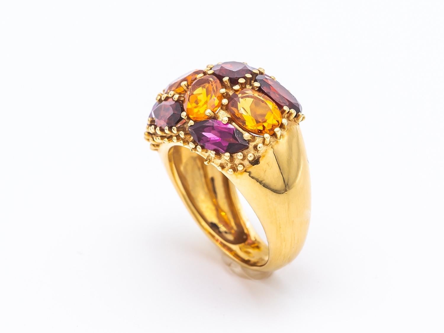 Bague Dome Grenats Citrines Rhodolithe Yellow Gold 18 Karat  For Sale 1