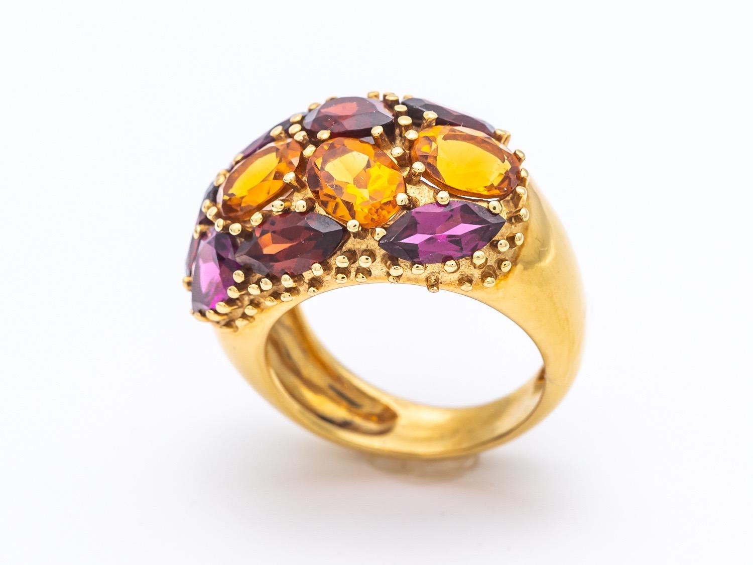 Bague Dome Grenats Citrines Rhodolithe Yellow Gold 18 Karat  For Sale 2