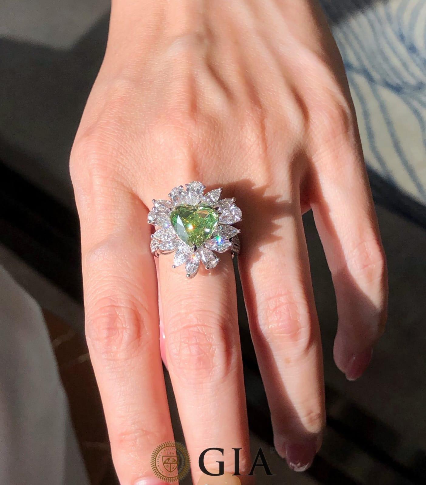 Women's 5.07 Carat Fancy Green Heart Cut Diamond Ring GIA Certified For Sale