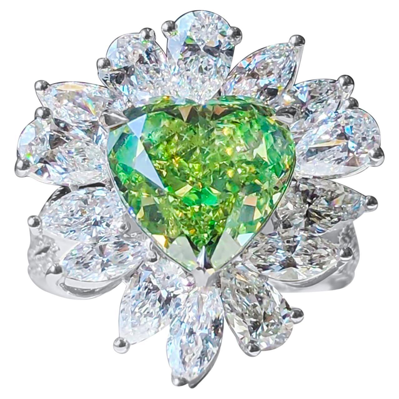 5.07 Carat Fancy Green Heart Cut Diamond Ring GIA Certified For Sale