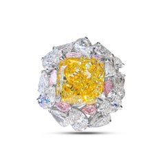 7.01 Carat Intense Yellow Cushion Cut Diamond Ring GIA Certified