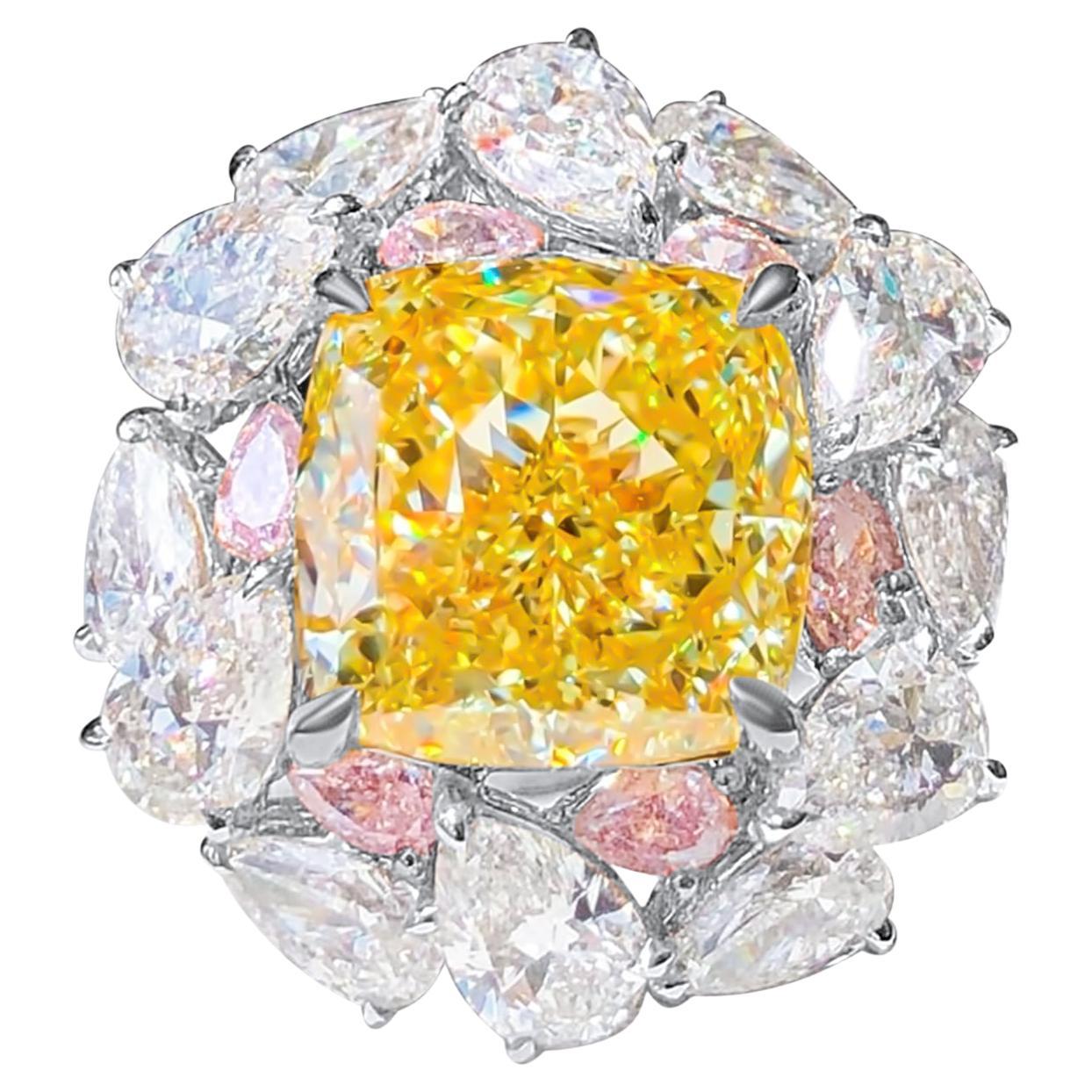 7.01 Carat Intense Yellow Cushion Cut Diamond Ring GIA Certified
