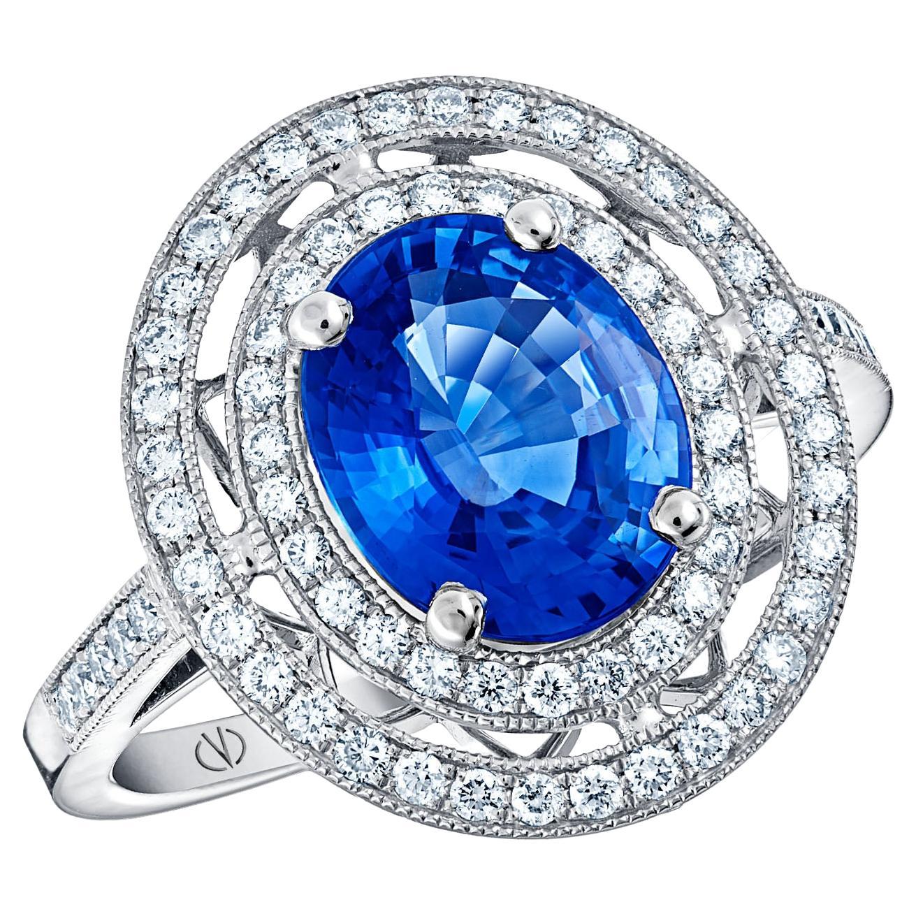 18k White Gold 2.74 Ct Royal Blue Oval Sapphire Ring With Two Rows of Diamonds