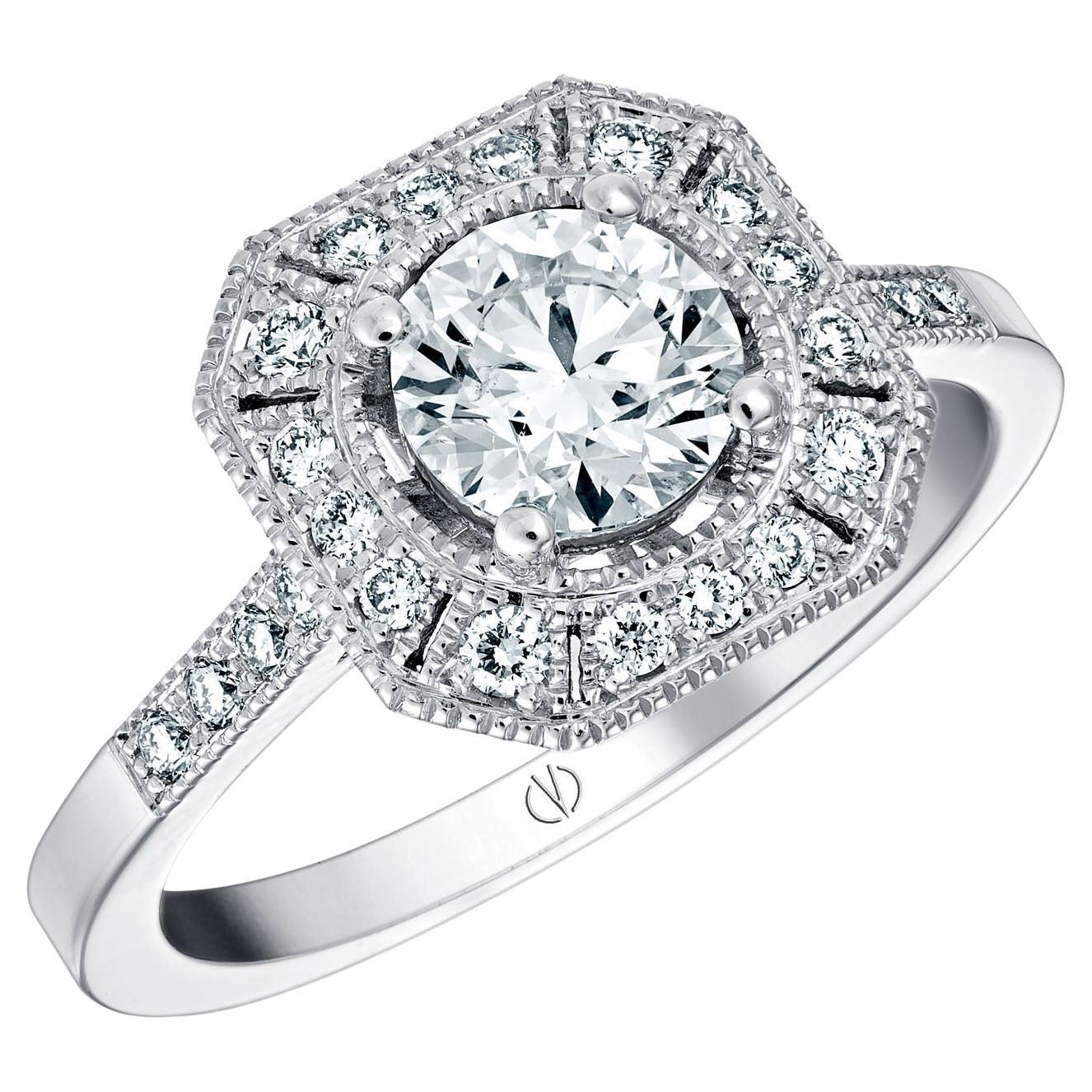 Art Deco Style 18k White Gold Ring 0.8 Ct Brilliant Cut Diamond and 0.25 Cts