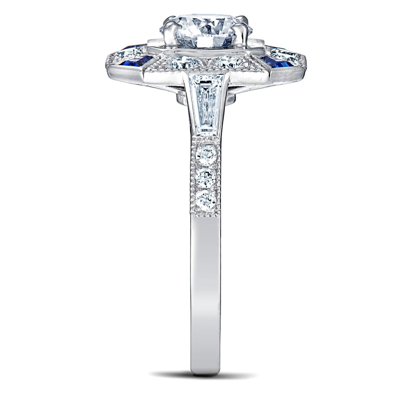 En vente :  Bague Art déco en or blanc 18 carats sertie d'un diamant de 0,8 carat et d'un saphir bleu royal de 0,6 carat 2