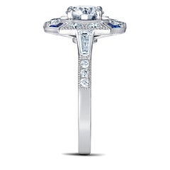 Art Deco 18k White Gold 0.8 Ct Diamond Ring set with 0.6 Cts Royal Blue Sapphire