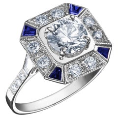 Art Deco 18k White Gold 0.8 Ct Diamond Ring set with 0.6 Cts Royal Blue Sapphire