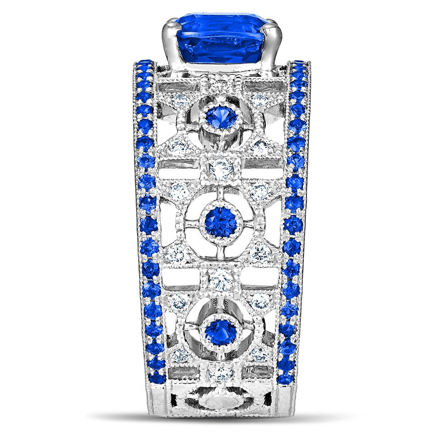 For Sale:  18k White Gold 1, 52 Ct Cushion Cut Royal Blue Sapphire Art Deco Ring 2