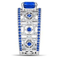 18k White Gold 1, 52 Ct Cushion Cut Royal Blue Sapphire Art Deco Ring