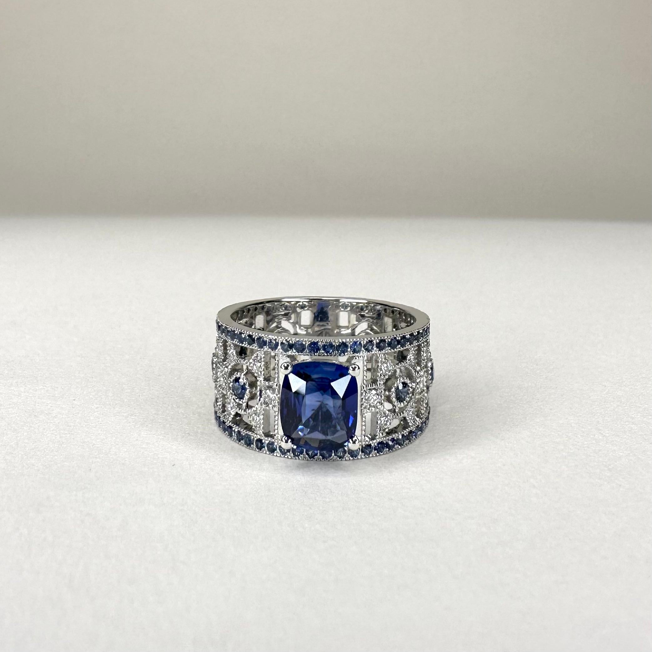 For Sale:  18k White Gold 1, 52 Ct Cushion Cut Royal Blue Sapphire Art Deco Ring 4