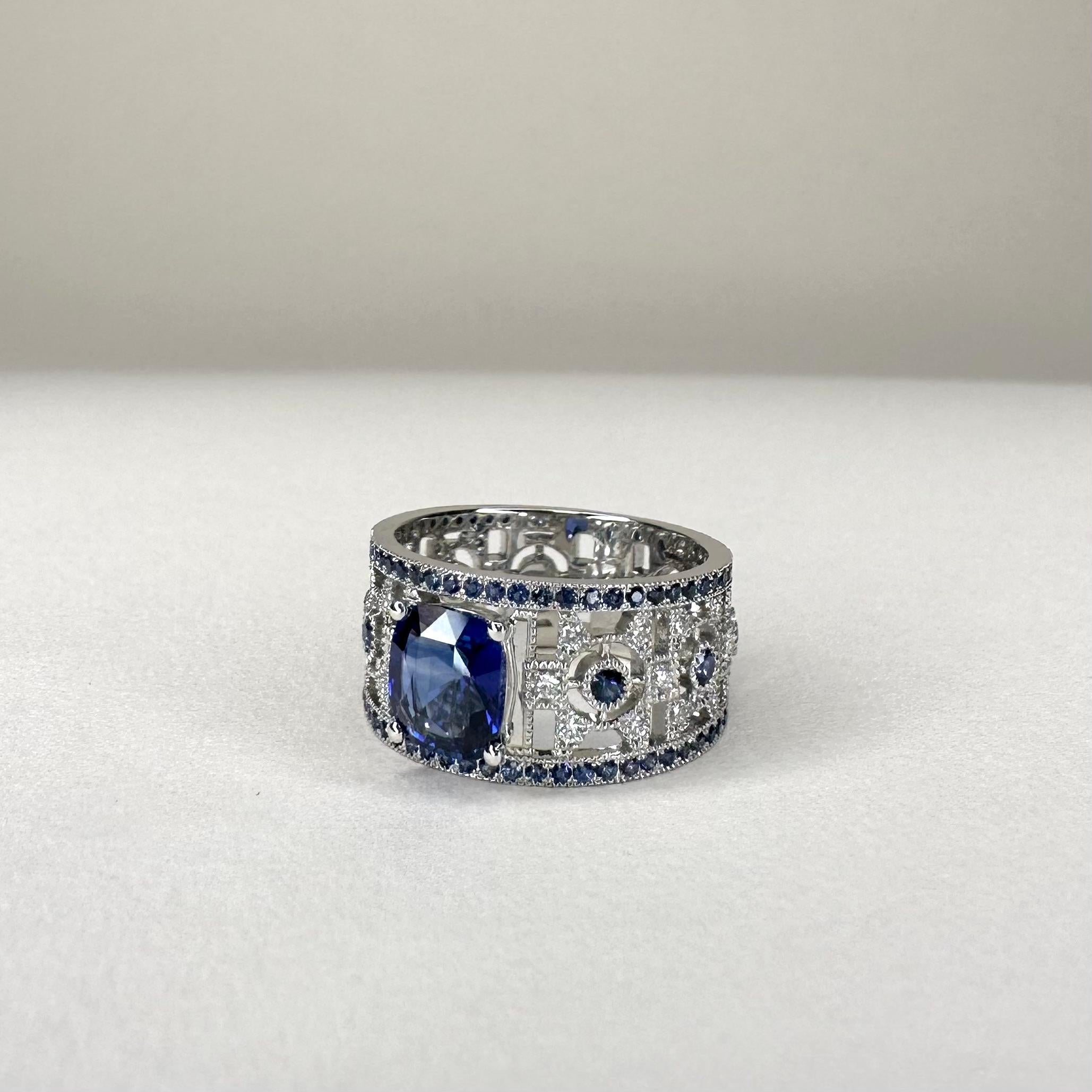 For Sale:  18k White Gold 1, 52 Ct Cushion Cut Royal Blue Sapphire Art Deco Ring 5