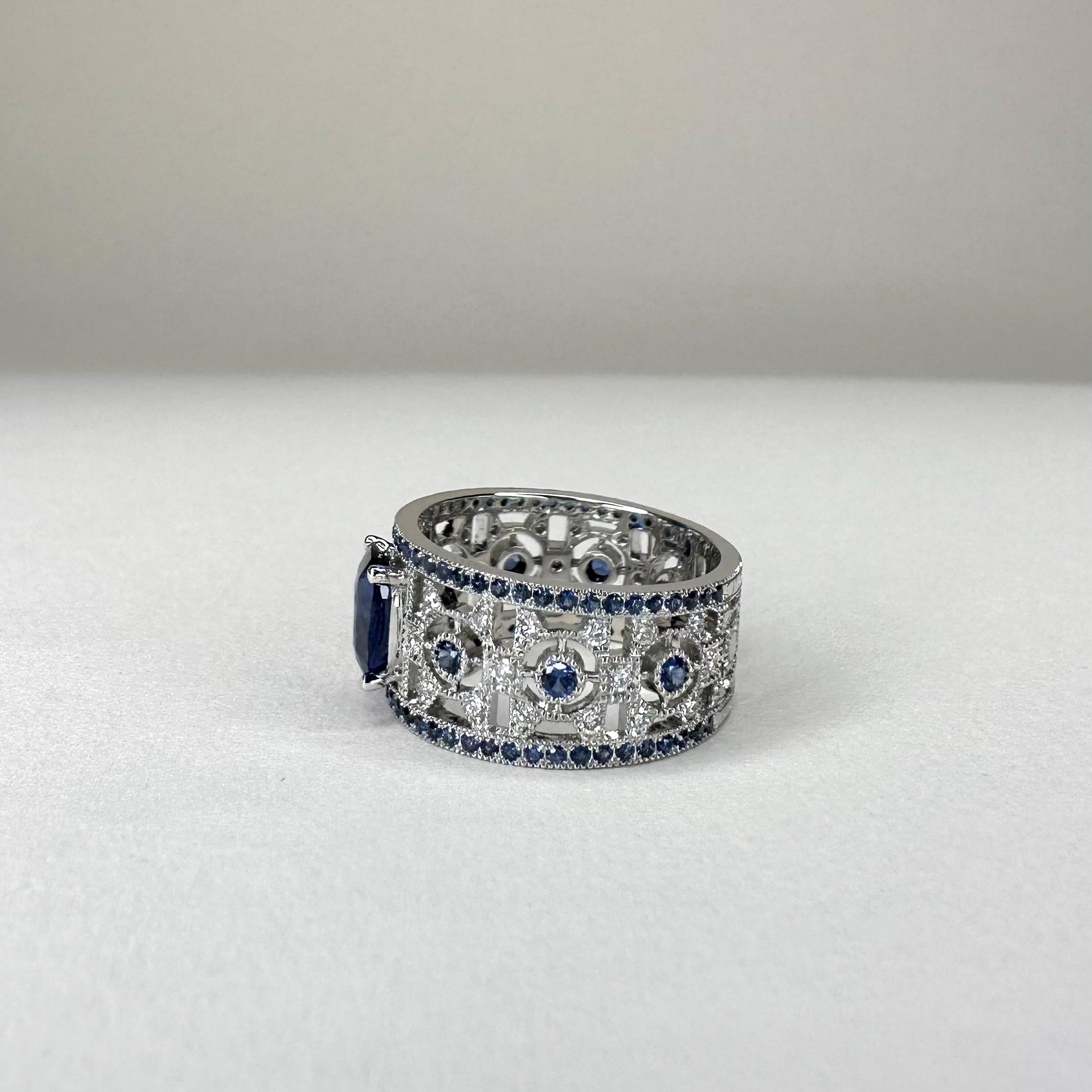 For Sale:  18k White Gold 1, 52 Ct Cushion Cut Royal Blue Sapphire Art Deco Ring 6