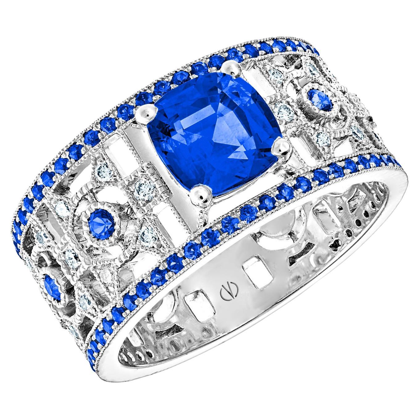 18k White Gold 1, 52 Ct Cushion Cut Royal Blue Sapphire Art Deco Ring