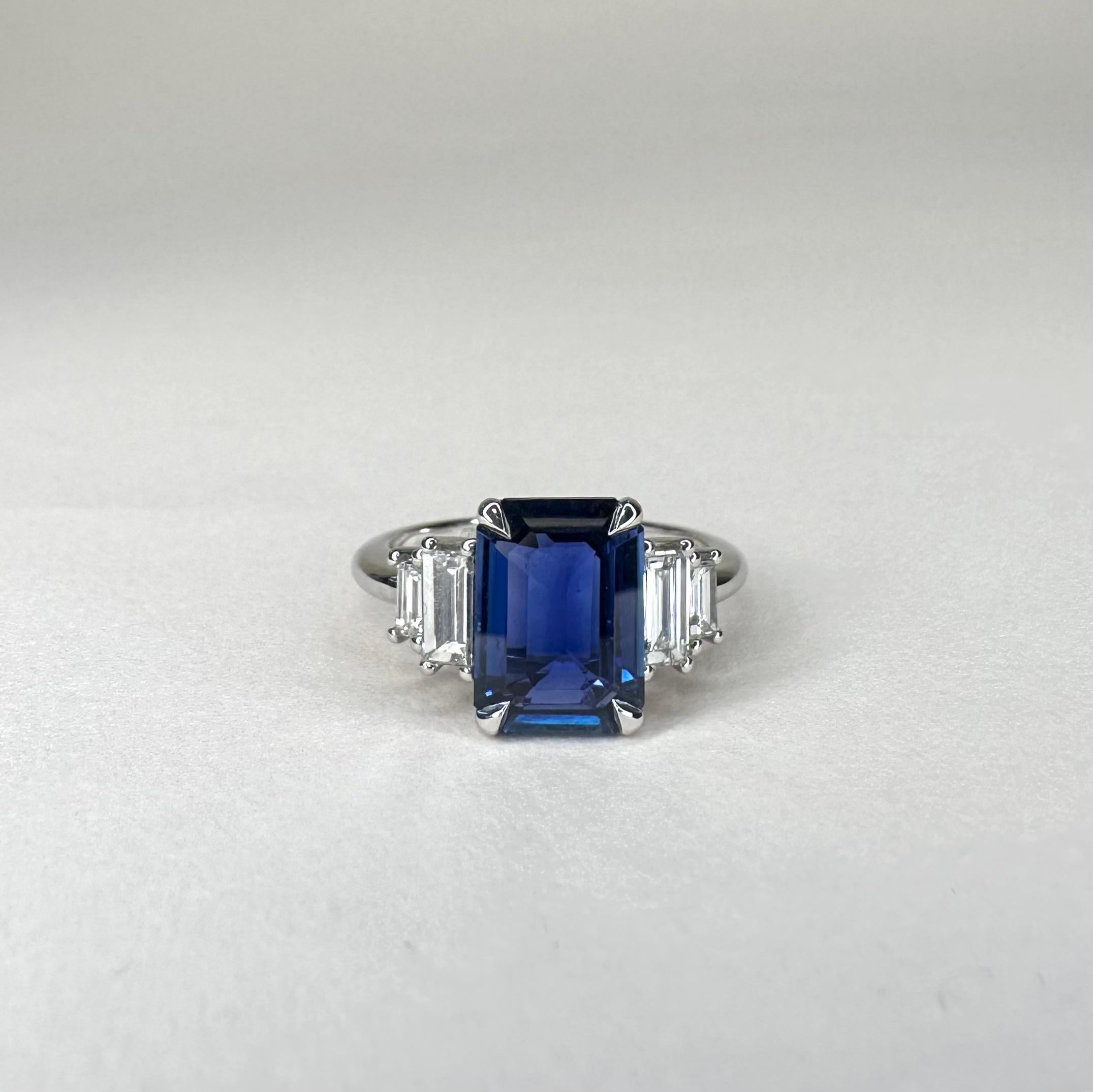 For Sale:  Art Deco Style 18k White Gold Ring With 2.65 Ct Royal Blue Emerald Cut Sapphire 2