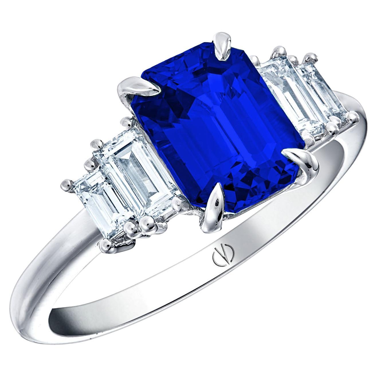 Art Deco Style 18k White Gold Ring With 2.65 Ct Royal Blue Emerald Cut Sapphire