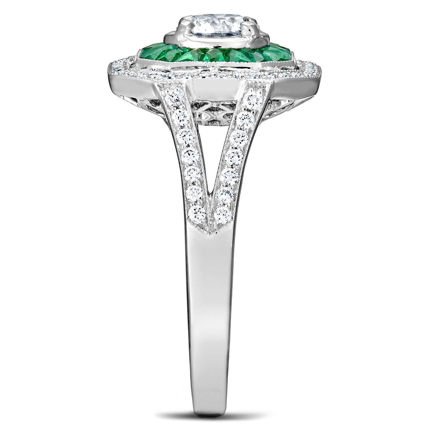 For Sale:  Platinum 0.30 Ct Vivid Green Calibre Cut Emerald with center 0.4 Ct Diamond Ring 3