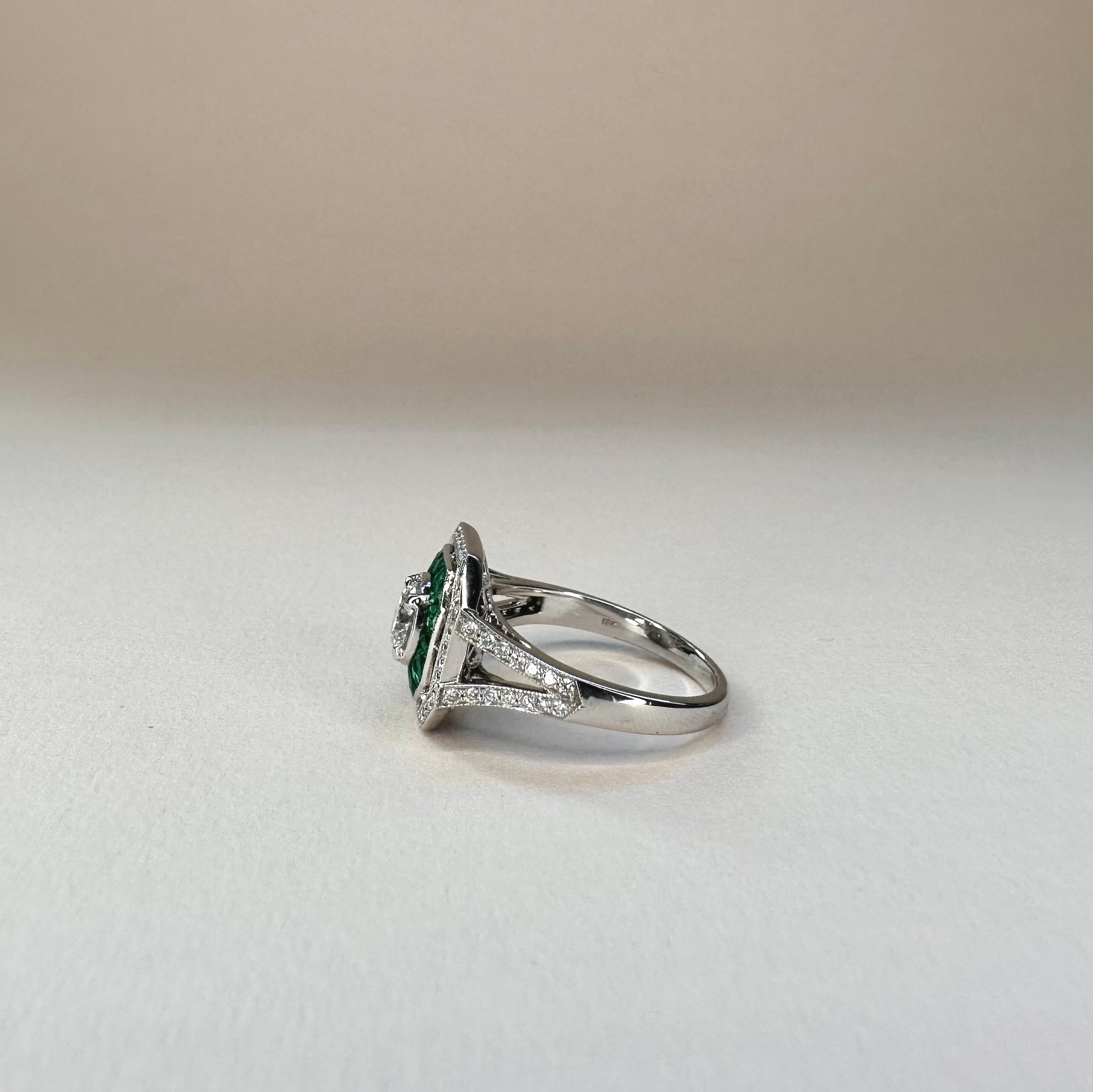 For Sale:  Platinum 0.30 Ct Vivid Green Calibre Cut Emerald with center 0.4 Ct Diamond Ring 7