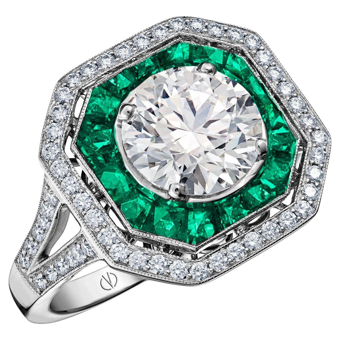 For Sale:  Platinum 0.30 Ct Vivid Green Calibre Cut Emerald with center 0.4 Ct Diamond Ring