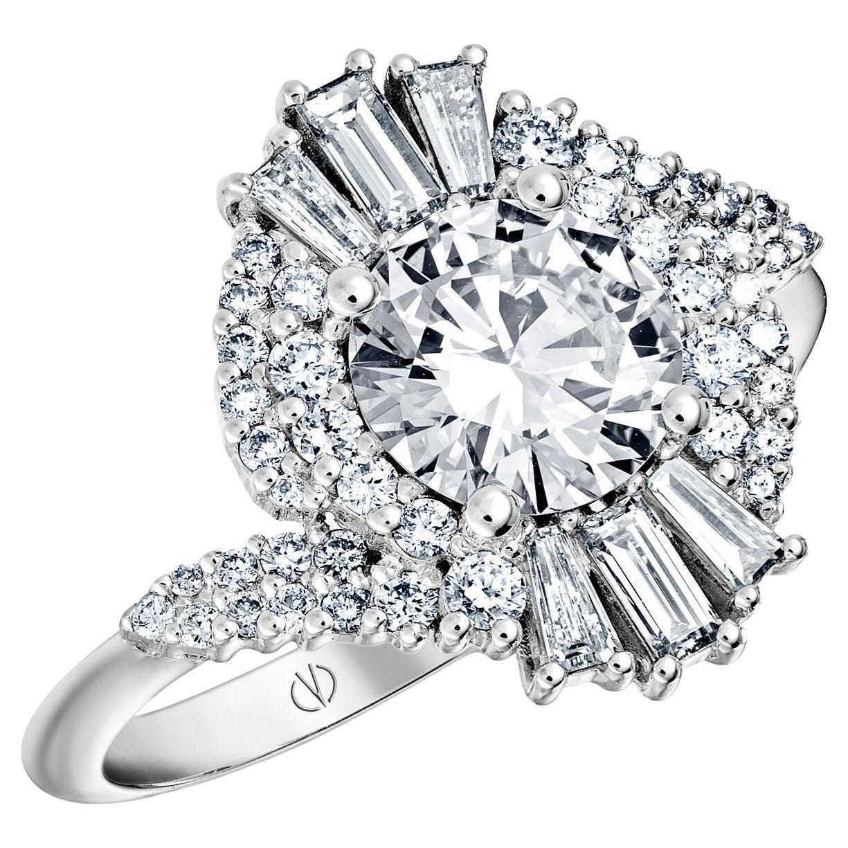 Art Deco Style 18k White Gold 0.90 Ct Diamond Ring Set With Taper Cut Diamonds