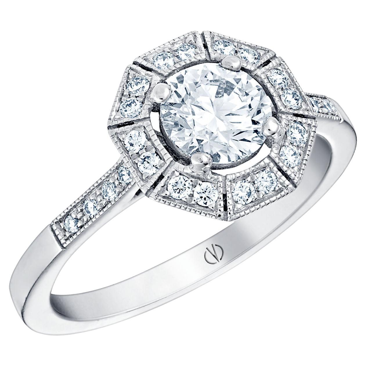 Art Deco Style 18k White Gold Ring 0.72 Carat Diamond set with 0.20 Cts Diamonds
