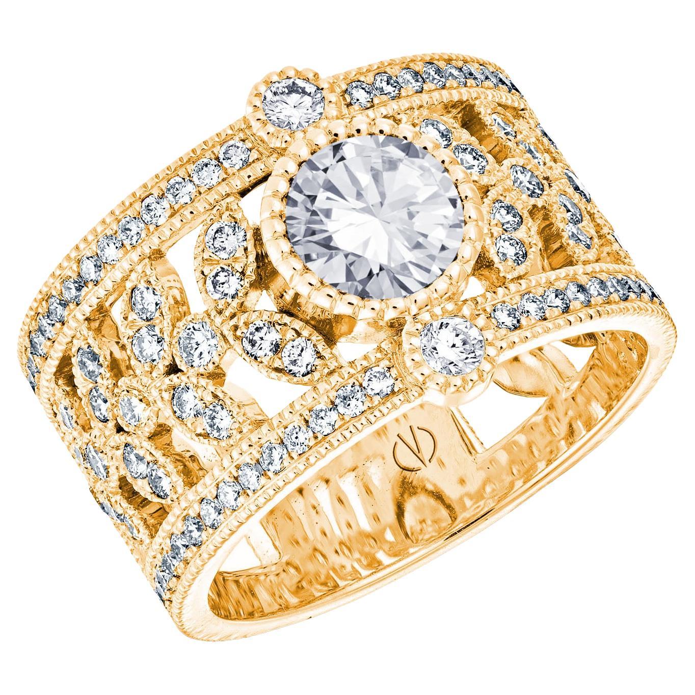 For Sale:  18k Yellow Gold Band Ring 0.70 Carat Diamond GIA Certified and 1 Cts of Diamonds