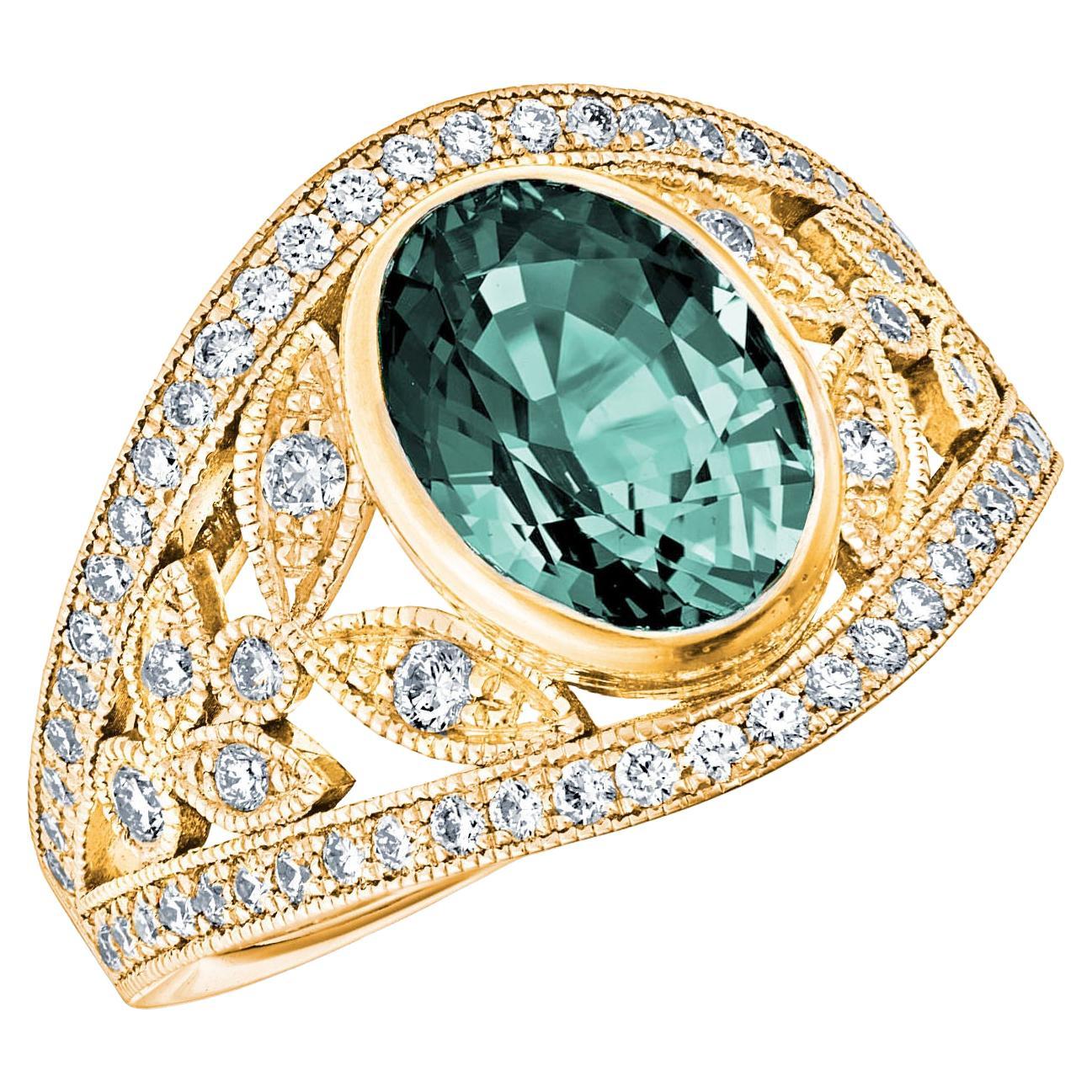 For Sale:  18k Yellow Gold Laurel Leaf Design 2.03 Ct Green Sapphire Ring 0.65 Cts Diamonds