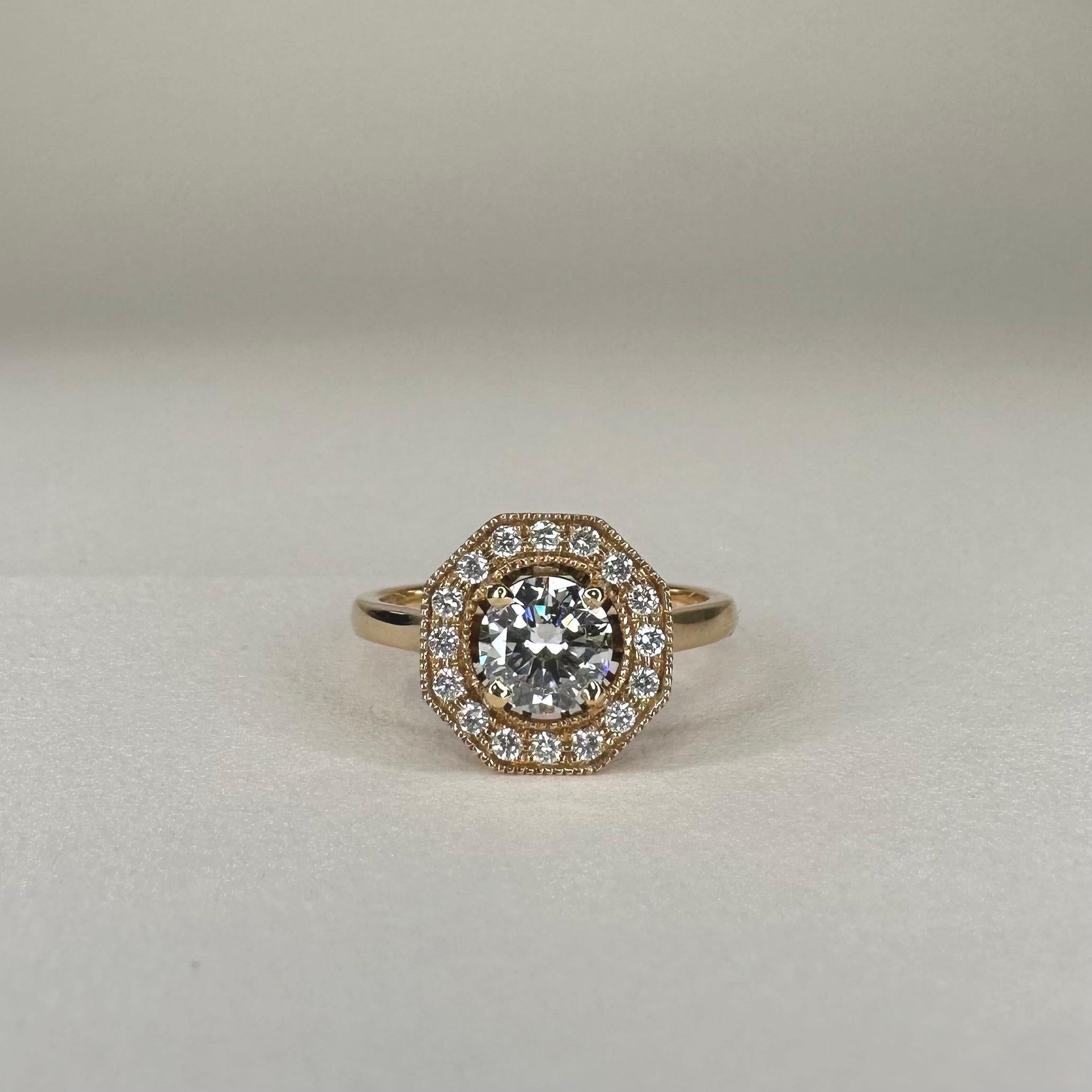 For Sale:  18k Yellow Gold Art Deco Style Ring 0.7 Ct Brilliant Cut Diamond and 0.15 Cts 4