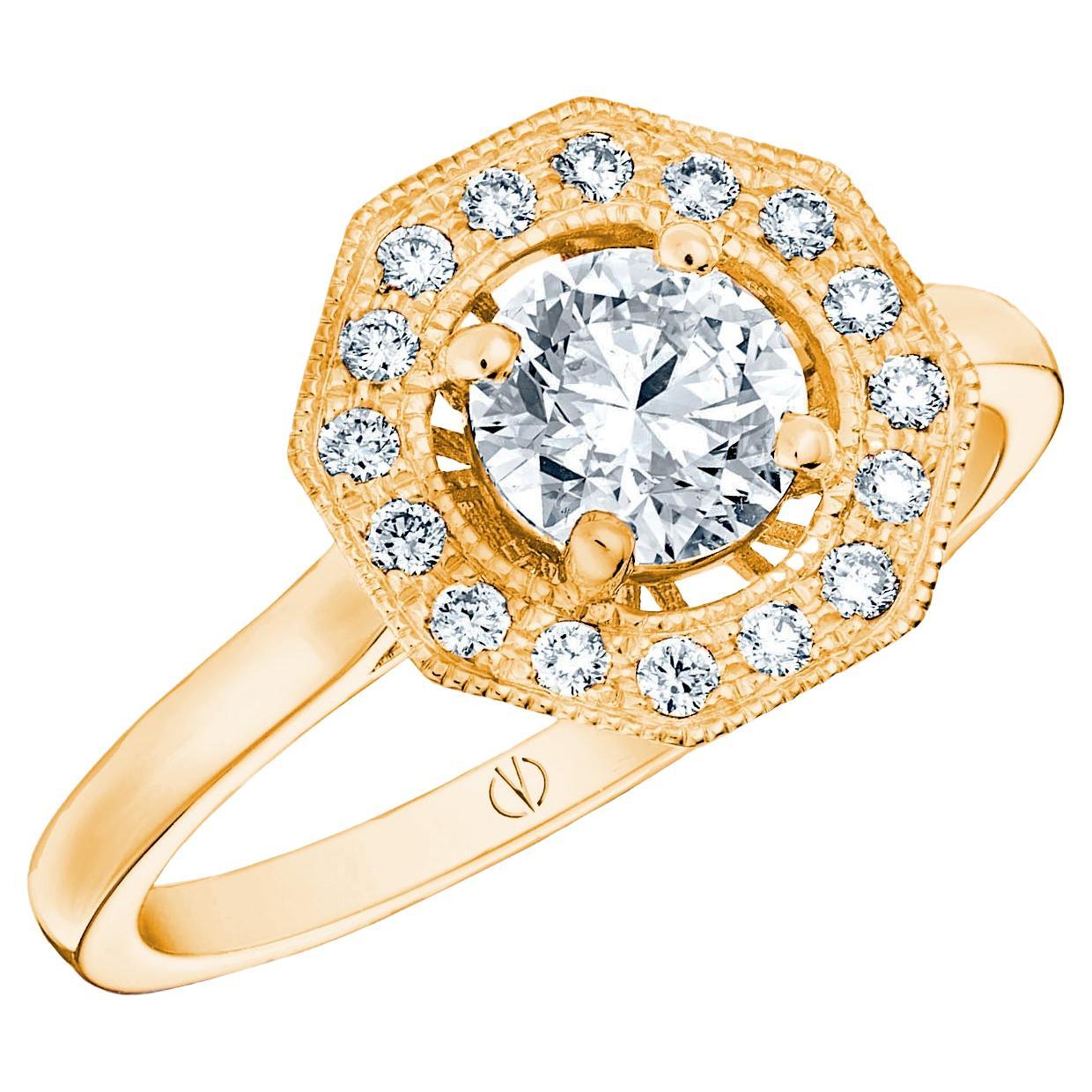 18k Yellow Gold Art Deco Style Ring 0.7 Ct Brilliant Cut Diamond and 0.15 Cts