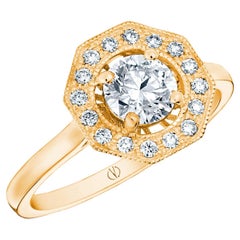 18k Yellow Gold Art Deco Style Ring 0.7 Ct Brilliant Cut Diamond and 0.15 Cts