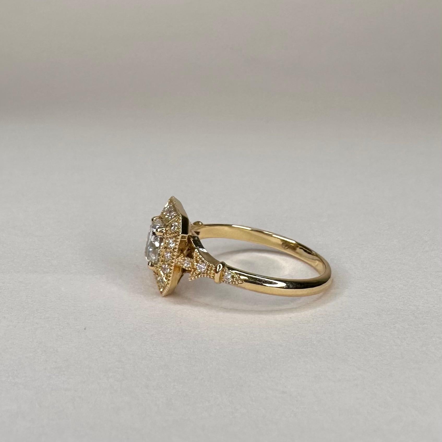 For Sale:  18k Yellow Gold 0.7 Ct Cushion Diamond Ring set with 0.19 Cts of Diamonds 6