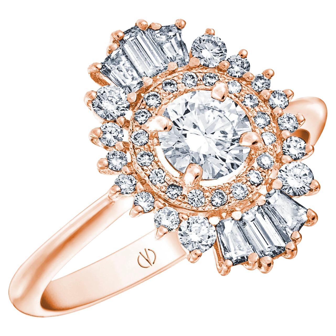 1930s Inspired 18k Rose Gold 0.5 Ct Diamond Ring set with 0, 54 Cts of Diamonds