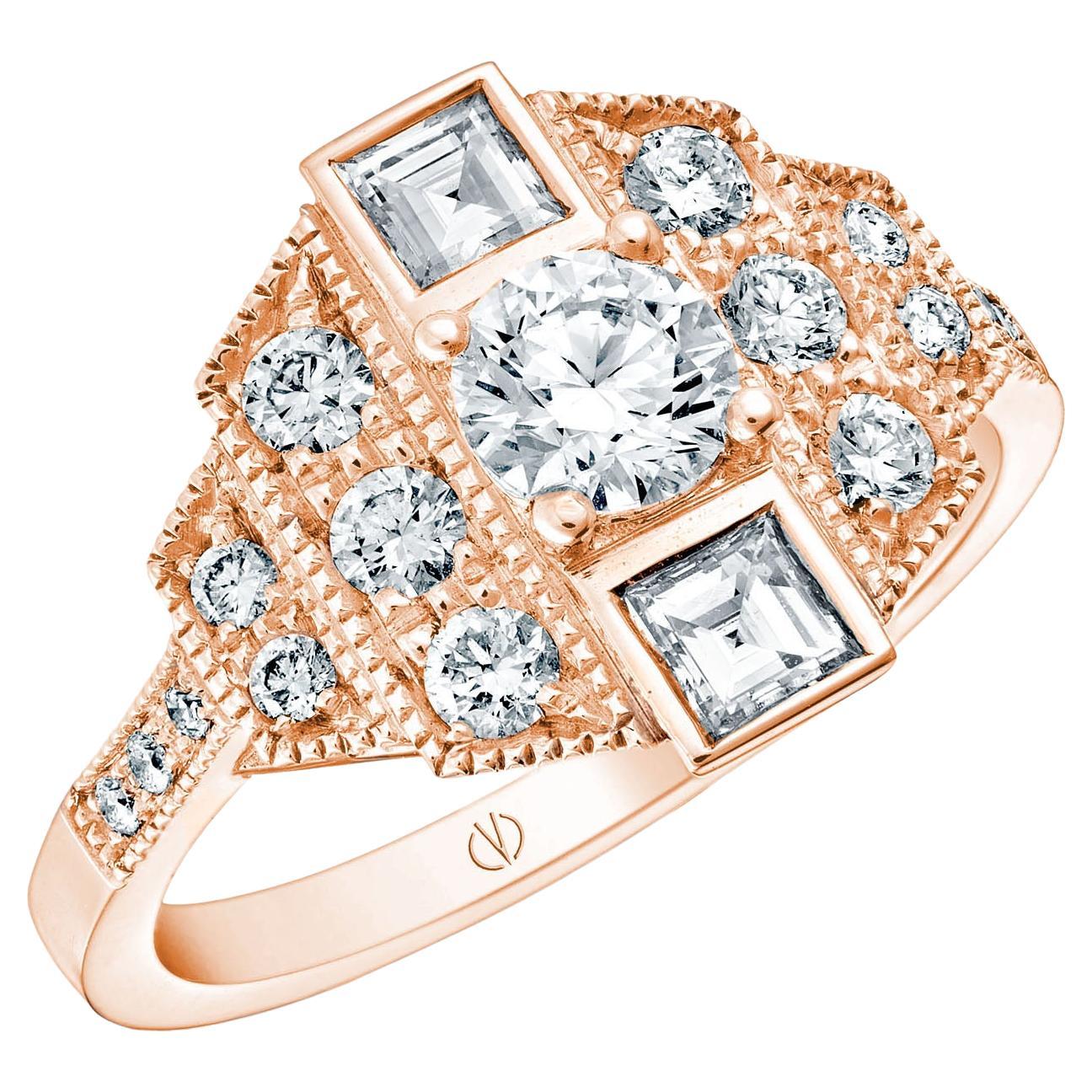 For Sale:  Art Deco Style 18k Rose Gold 0.50 Ct Diamond Ring Set With 2 Square Diamonds