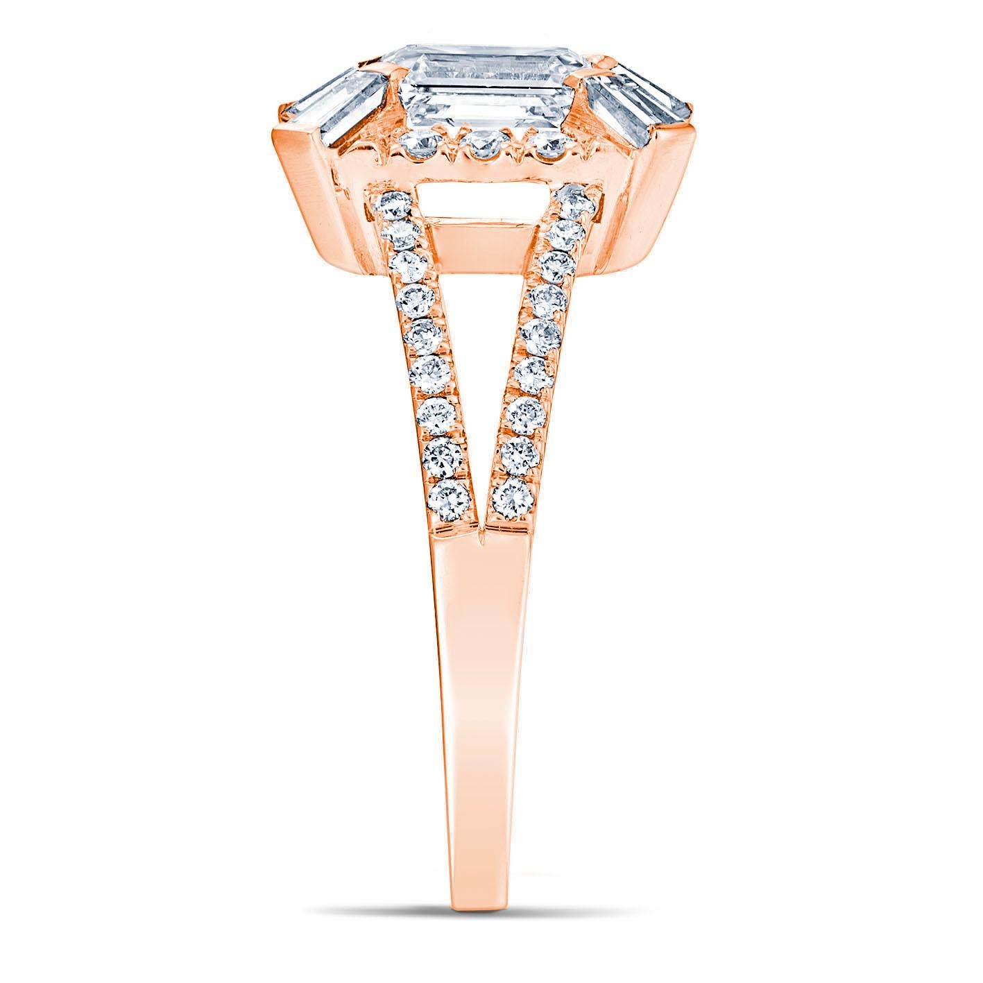 For Sale:  Art Deco 18k Rose Gold 0.70 Ct Emerald Cut Diamond Ring With 0, 43 Cts Diamonds 2