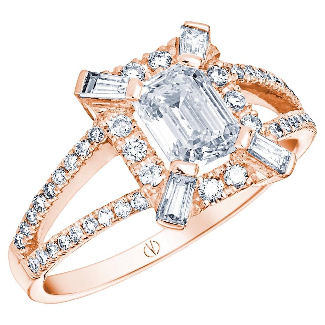 Art Deco 18k Rose Gold 0.70 Ct Emerald Cut Diamond Ring With 0,43 Cts Diamonds