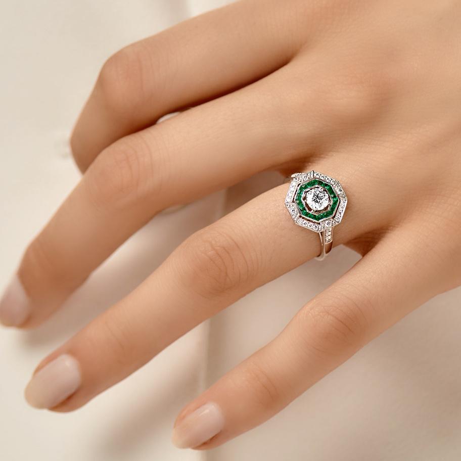 For Sale:  Art Deco Platinum Calibre Cut 0.25 Cts Emeralds and 0.4 Ct Diamond GIA Certified 8