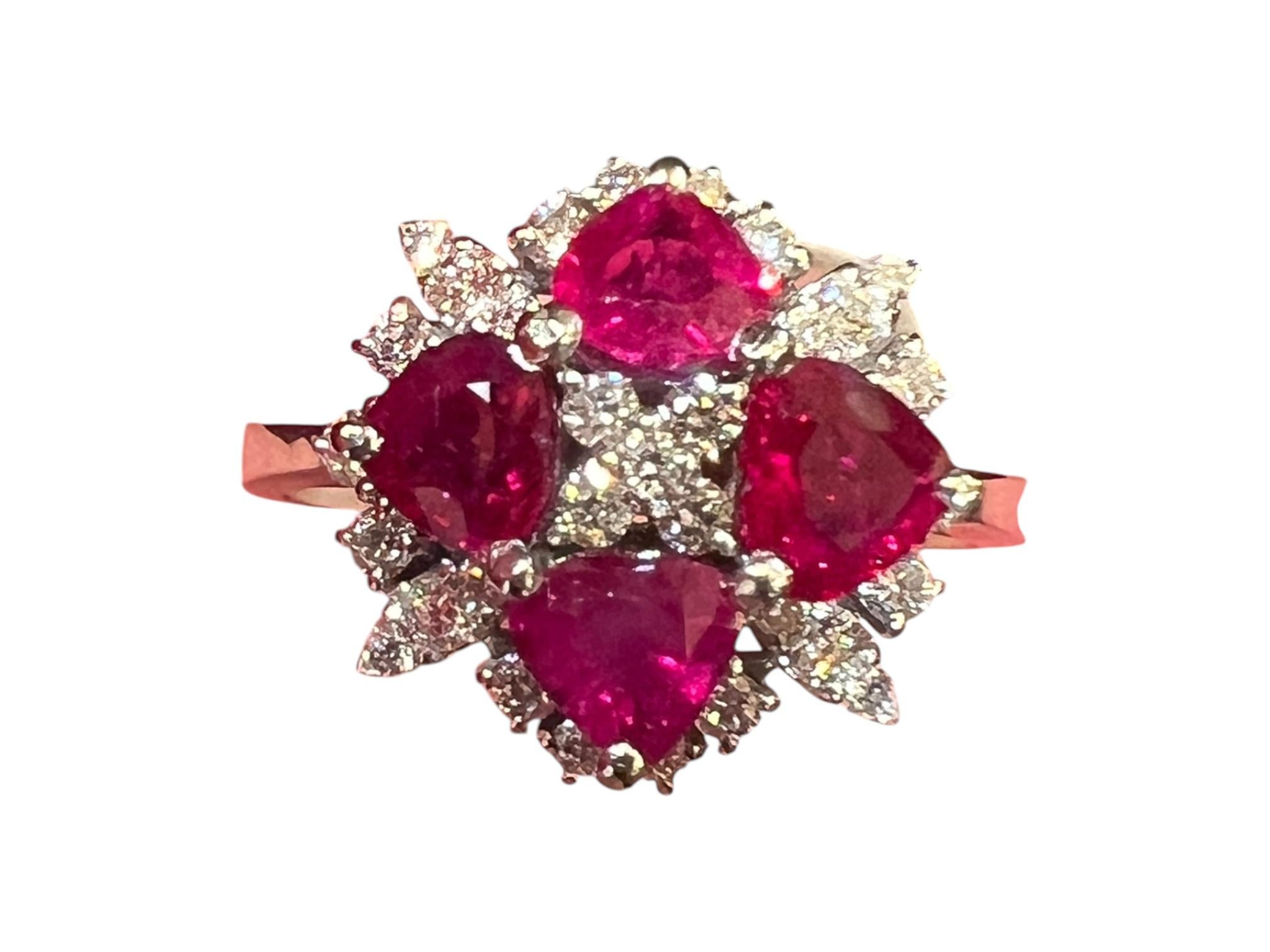 18 carat white gold ring, 4 ruby hearts and diamond paving For Sale 4
