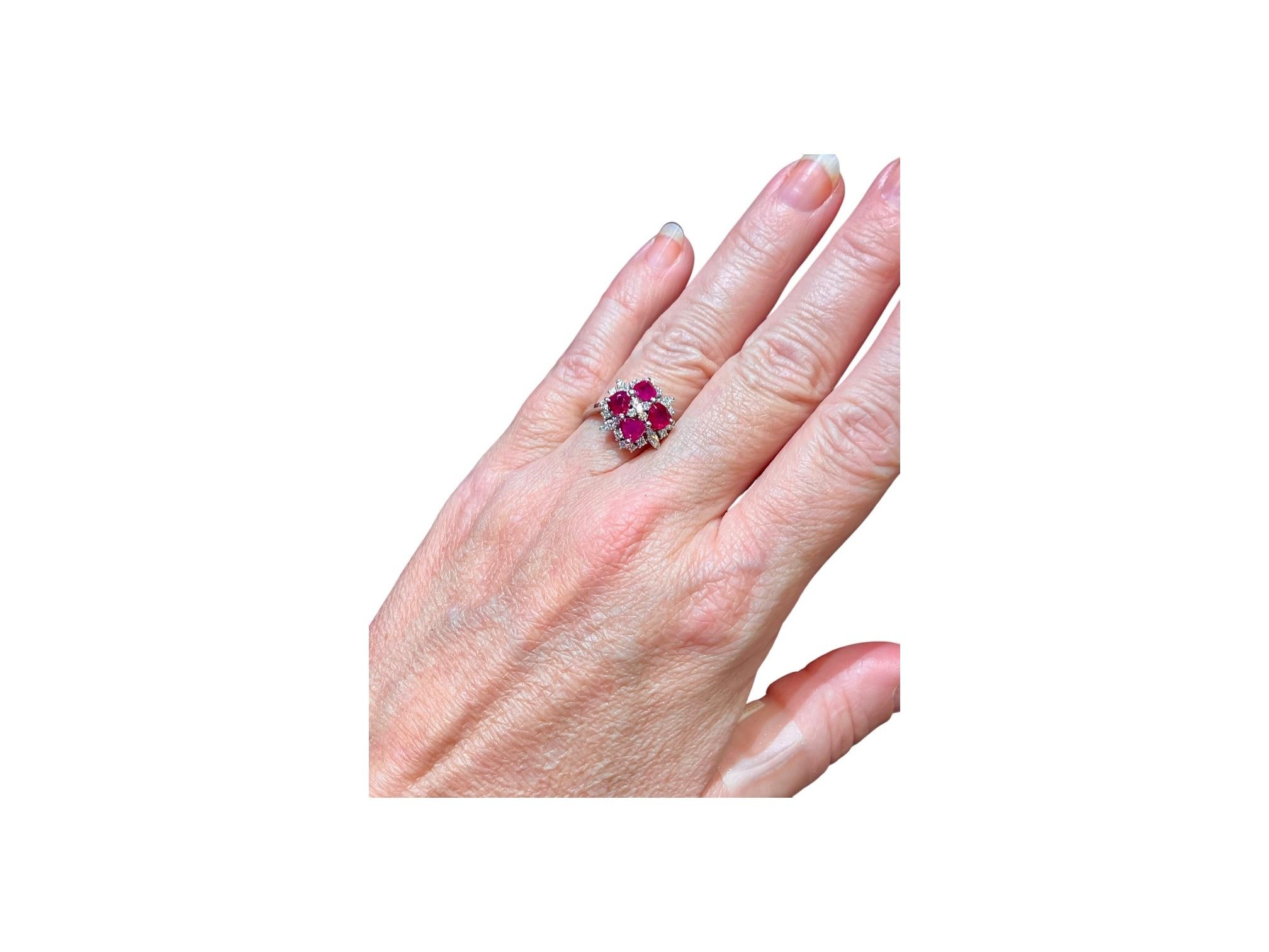 Artisan 18 carat white gold ring, 4 ruby hearts and diamond paving For Sale