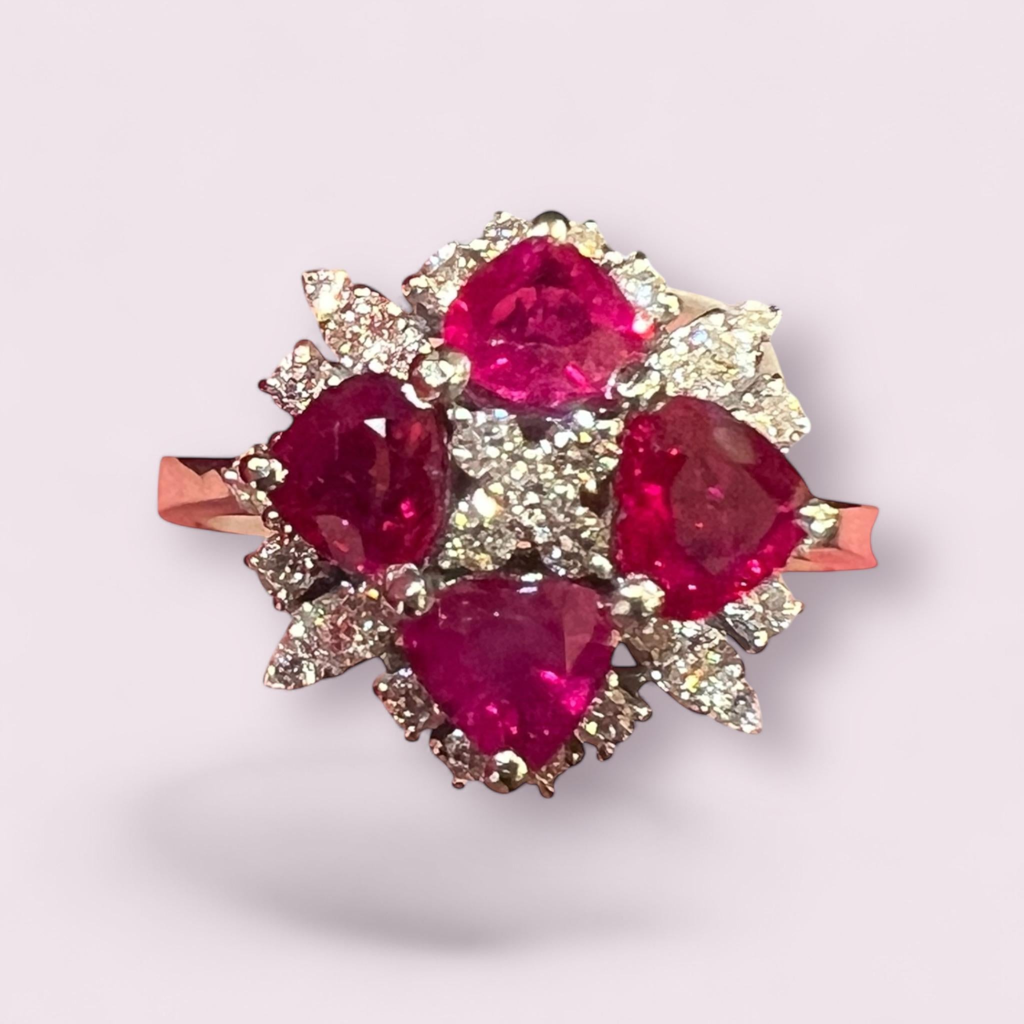 Heart Cut 18 carat white gold ring, 4 ruby hearts and diamond paving For Sale