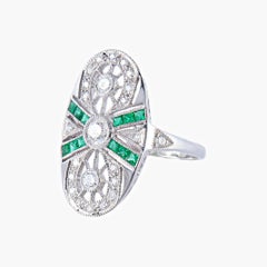 Bague Ovale Marquise En or 18 Carats En Diamants Et Émeraudes, Style Art Deco