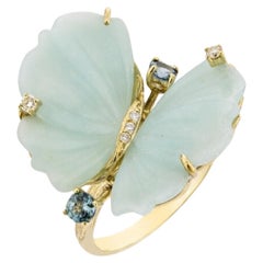 Bague Papillon en or jaune 18 carats, quartz bleu et diamants - EU56