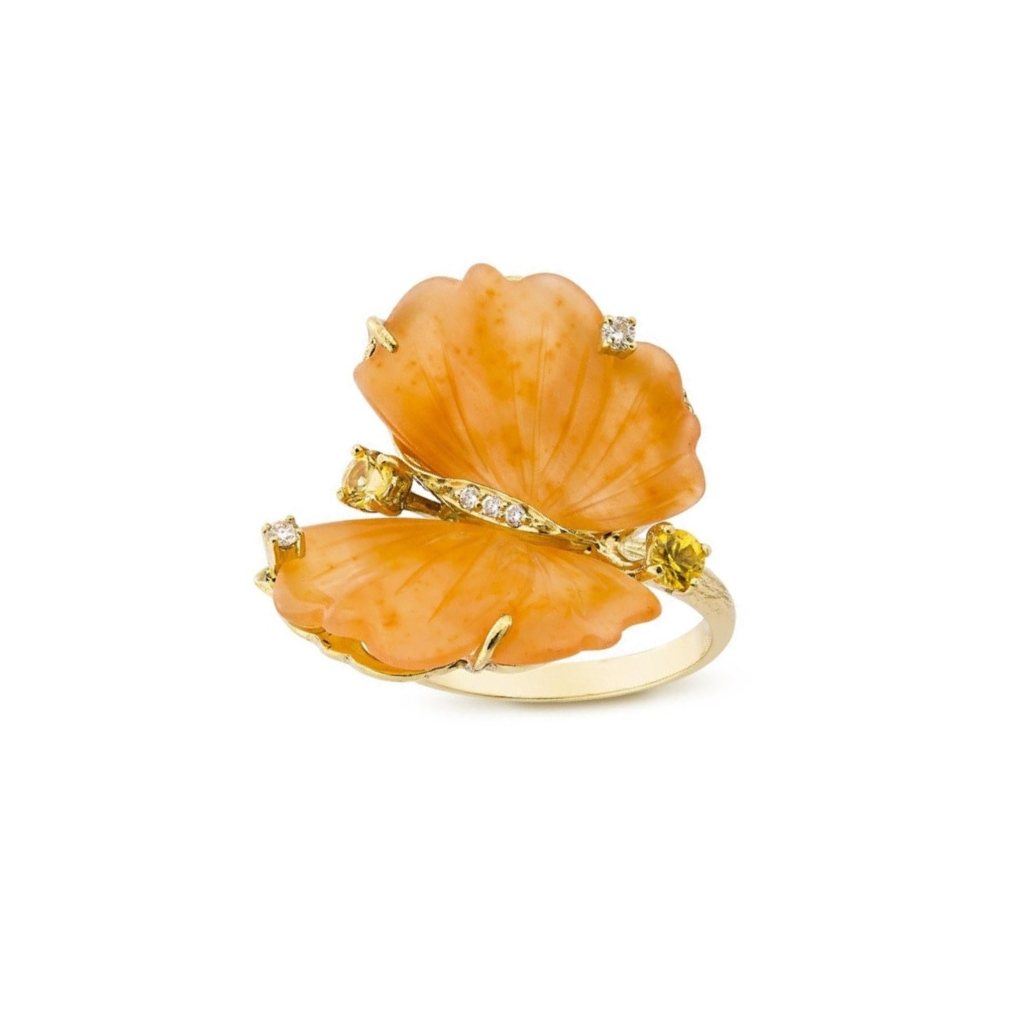 For Sale:  Bague Papillon en or jaune, quartzite pêche tourmaline et diamants - EU54 5