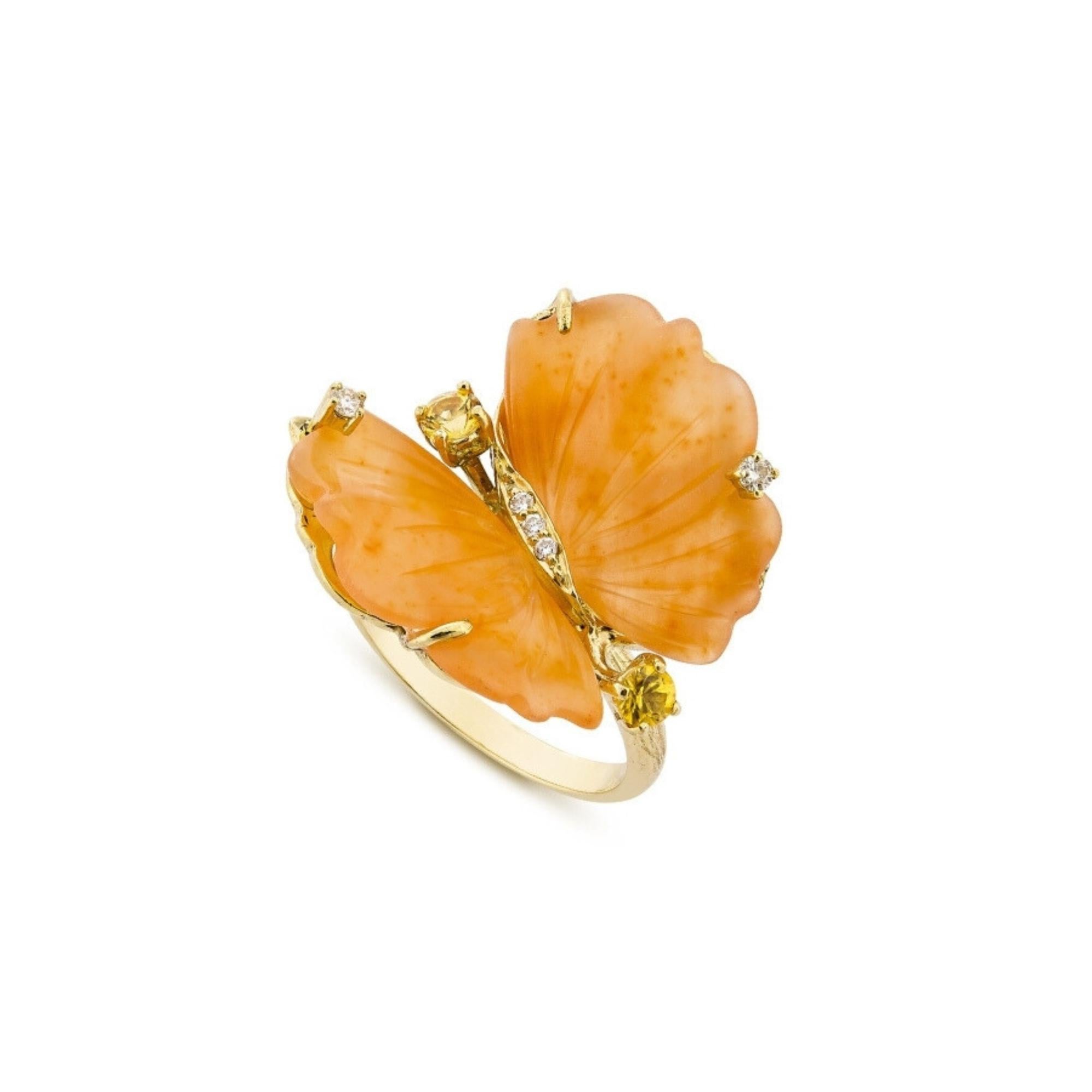For Sale:  Bague Papillon en or jaune, quartzite pêche tourmaline et diamants - EU54 6