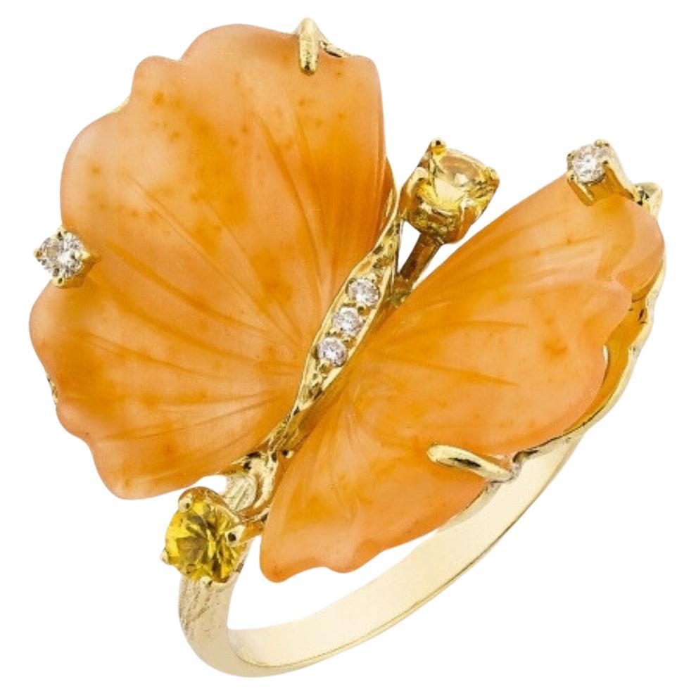 For Sale:  Bague Papillon en or jaune, quartzite pêche tourmaline et diamants - EU54
