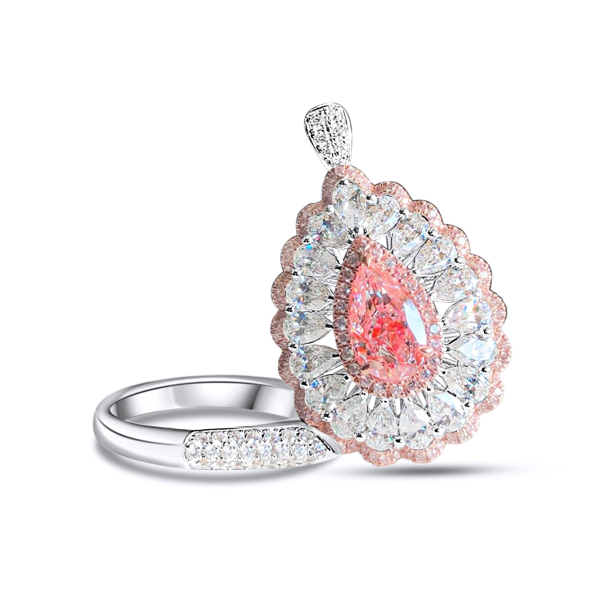 Romantic GIA Certified 1.50 Carat Very Light Pink Diamond Halo Pendant Ring For Sale