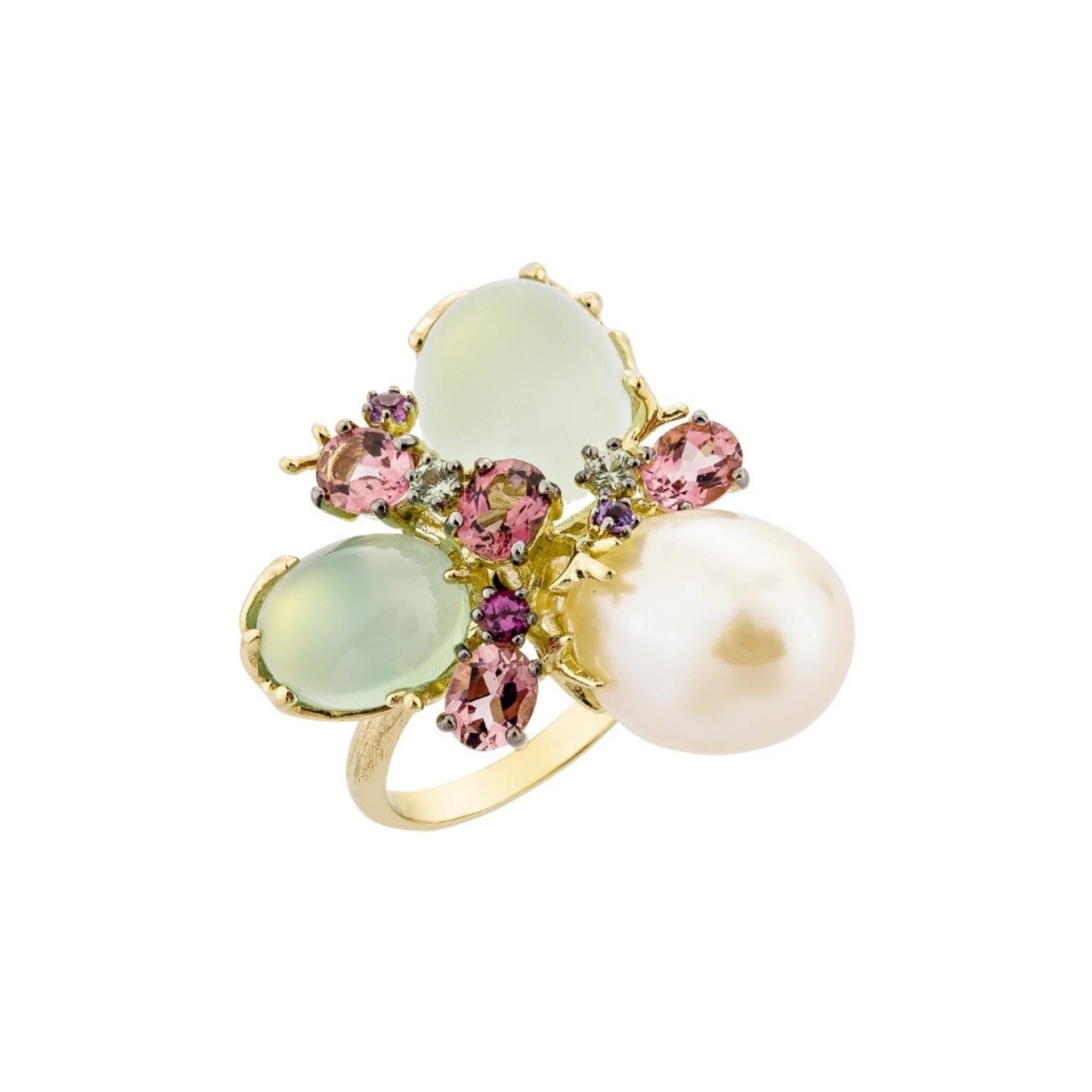 Bague Romance Divine en or jaune 18 carats, perle et calcedoines – EU54  In New Condition For Sale In OUISTREHAM, FR