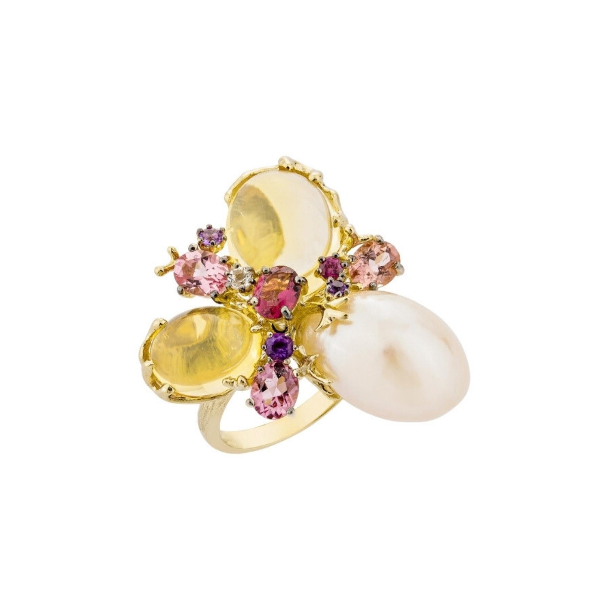 Bague Romance Divine en or jaune 18 carats, perle et citrines – EU54 In New Condition For Sale In OUISTREHAM, FR