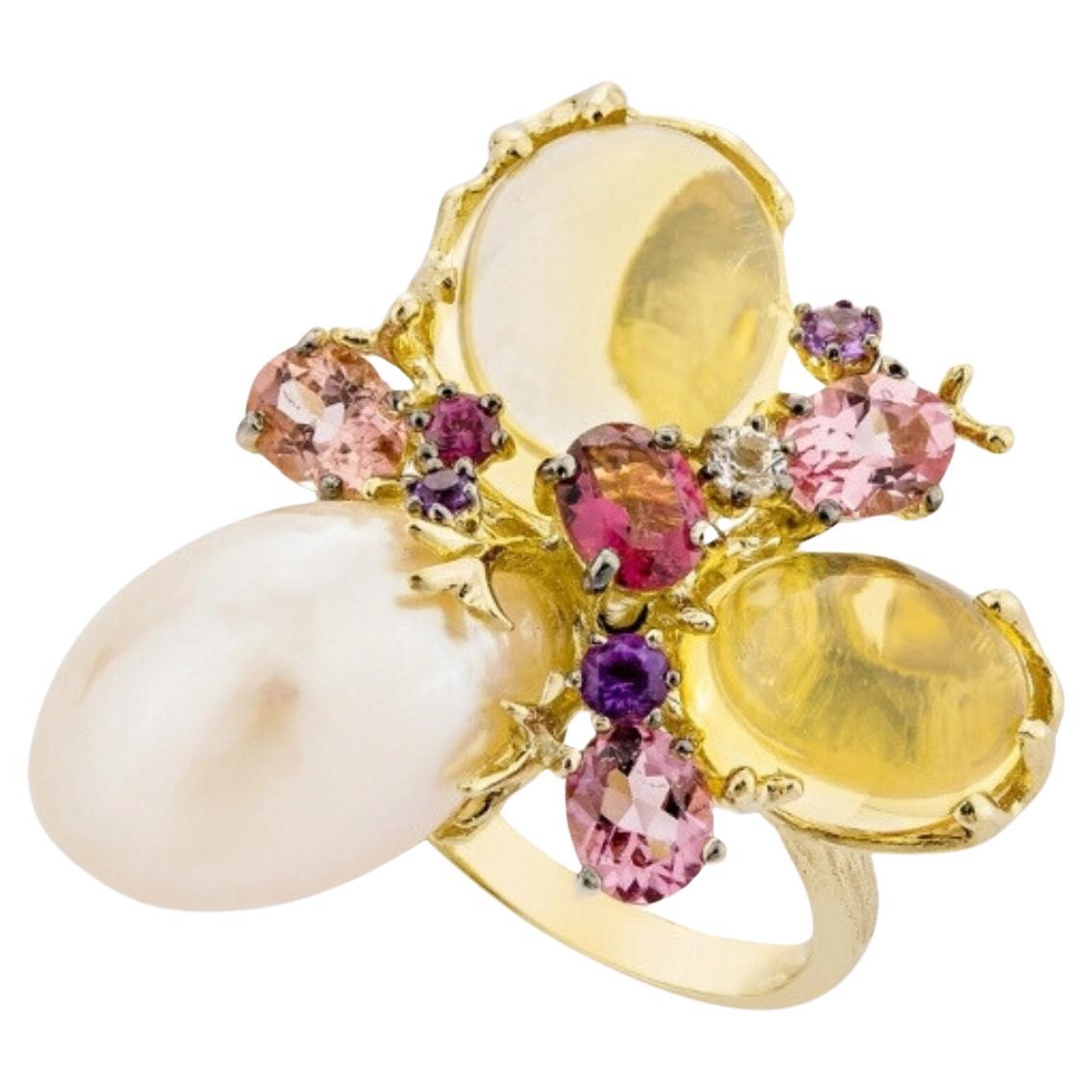 Bague Romance Divine en or jaune 18 Karat, Perle und Zitrinen - EU54 im Angebot