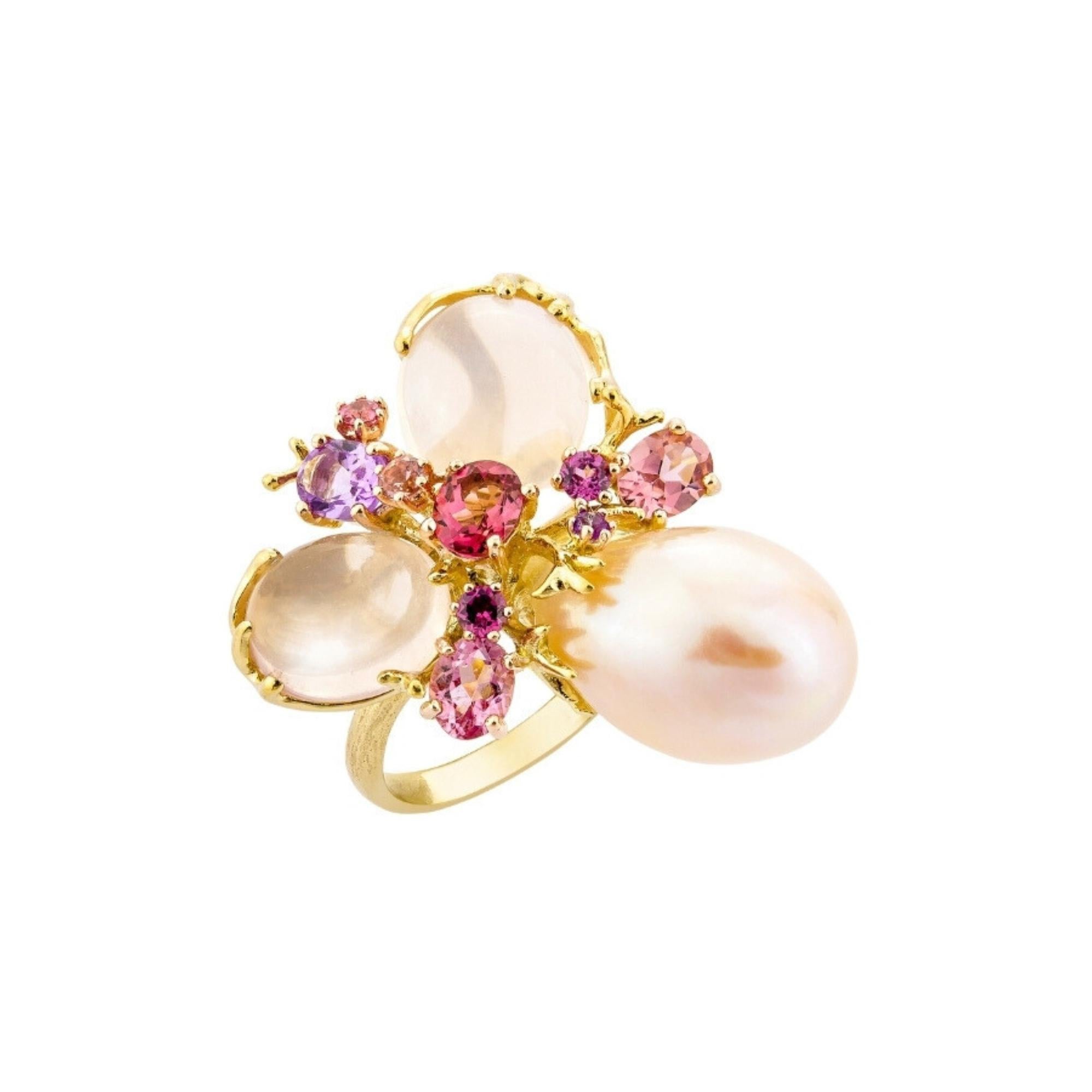Bague Romance Divine en or jaune 18 carats, perle et quartz rose – EU54 In New Condition For Sale In OUISTREHAM, FR