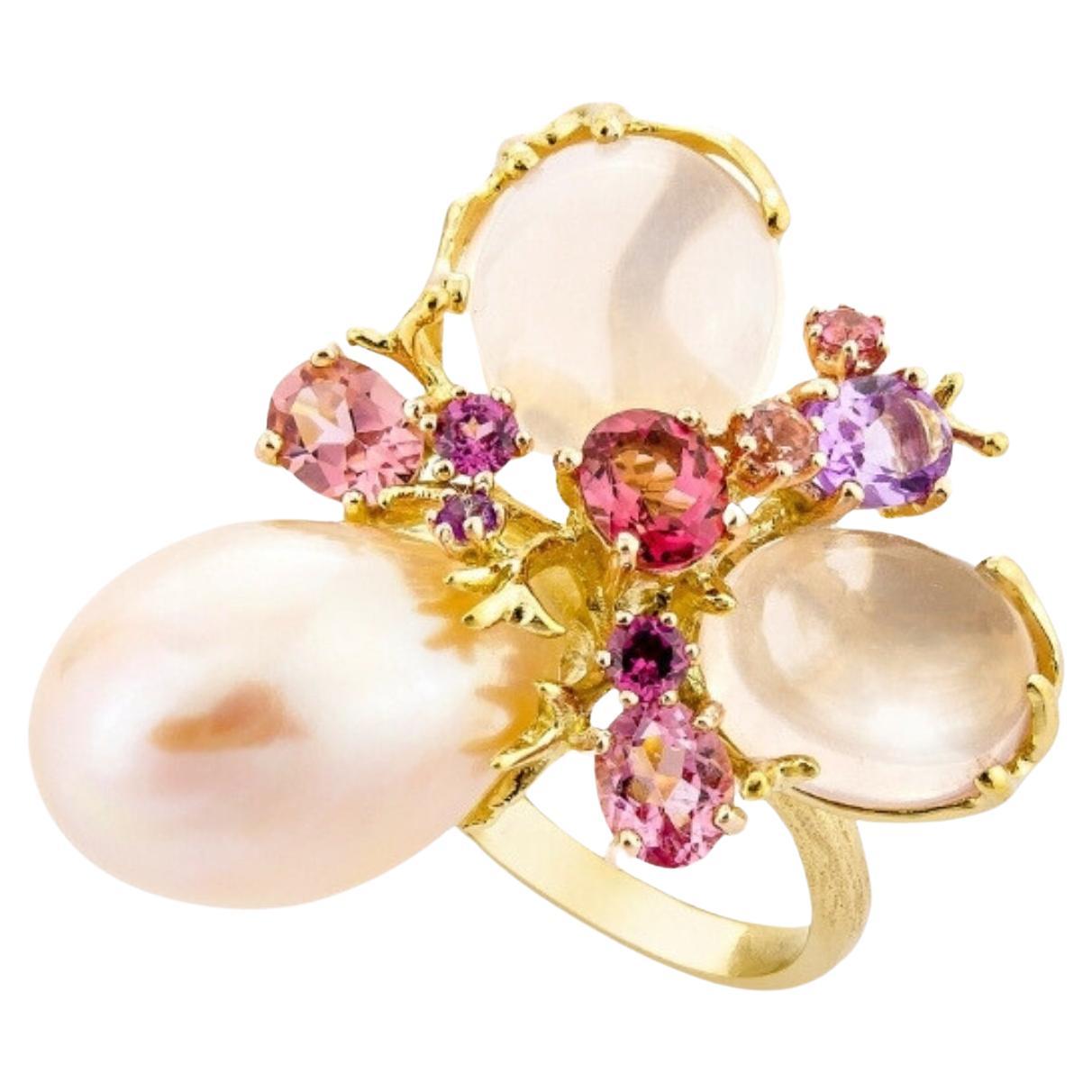 Bague Romance Divine en or jaune 18 carats, perle et quartz rose - EU54 im Angebot